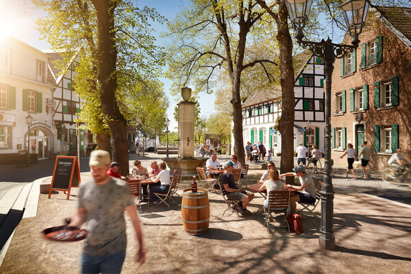 Highlight! Die städtischen Flächen auf dem Alten Markt können und sollen über die Immobilien Turmstraße 19 und Franz-Boehm-Straße 1 als Außenflächen mitgenutzt werden. Foto(s): Stadt Monheim am Rhein
